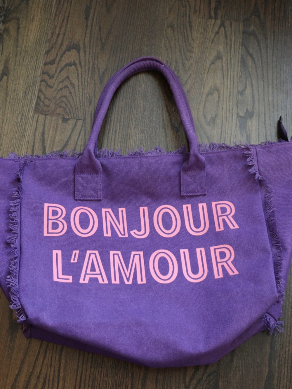 BONJOUR L'AMOUR Purple Canvas Frayed Edge Zipper Bag Tote Beach Travel